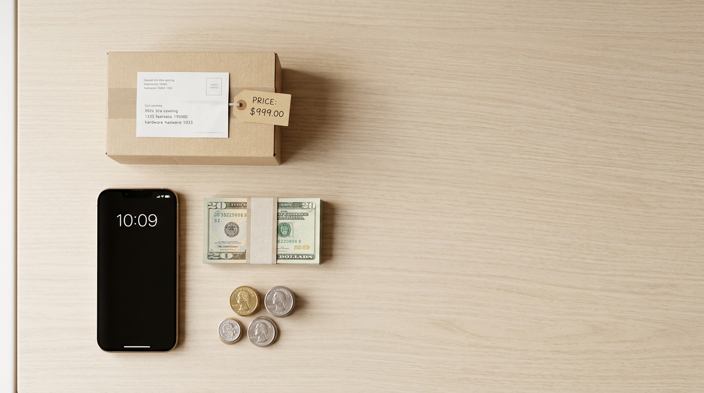 iPhone trade-in and resale value guide 2026 — phone with cash and shipping box